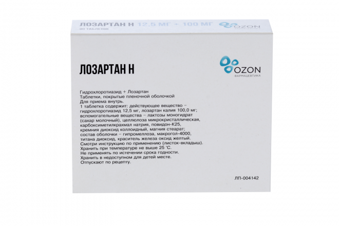 Лозартан Н 12.5 мг+100 мг, 30 шт, таблетки покрытые пленочной оболочкой .