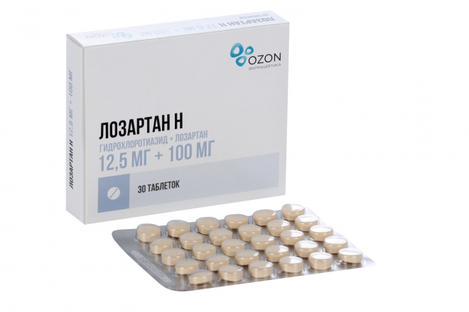 Лозартан Н 12.5 мг+100 мг, 30 шт, таблетки покрытые пленочной оболочкой .