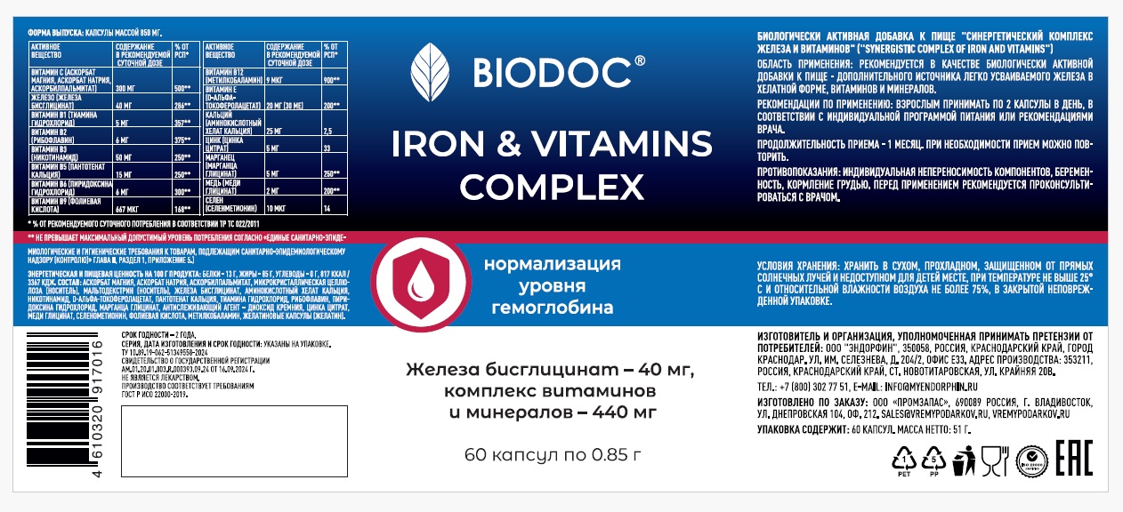 Биологически активная добавка к пище BIODOC Синергетический комплекс железа и витаминов, 60 капсул по 850 мл