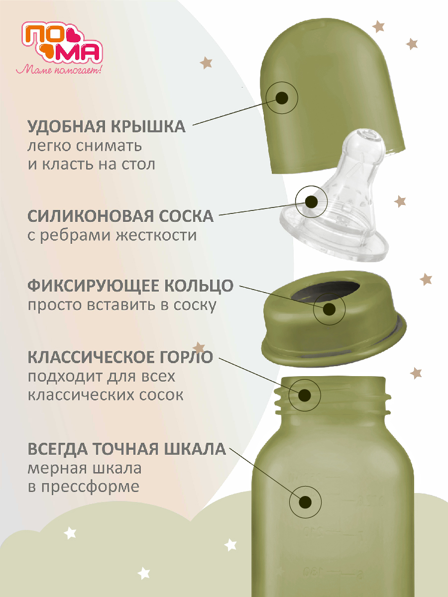 Бутылочка ПОМА 250 мл, 1 шт. (ПП, силикон, средний поток) 6+ мес., 10610хакки