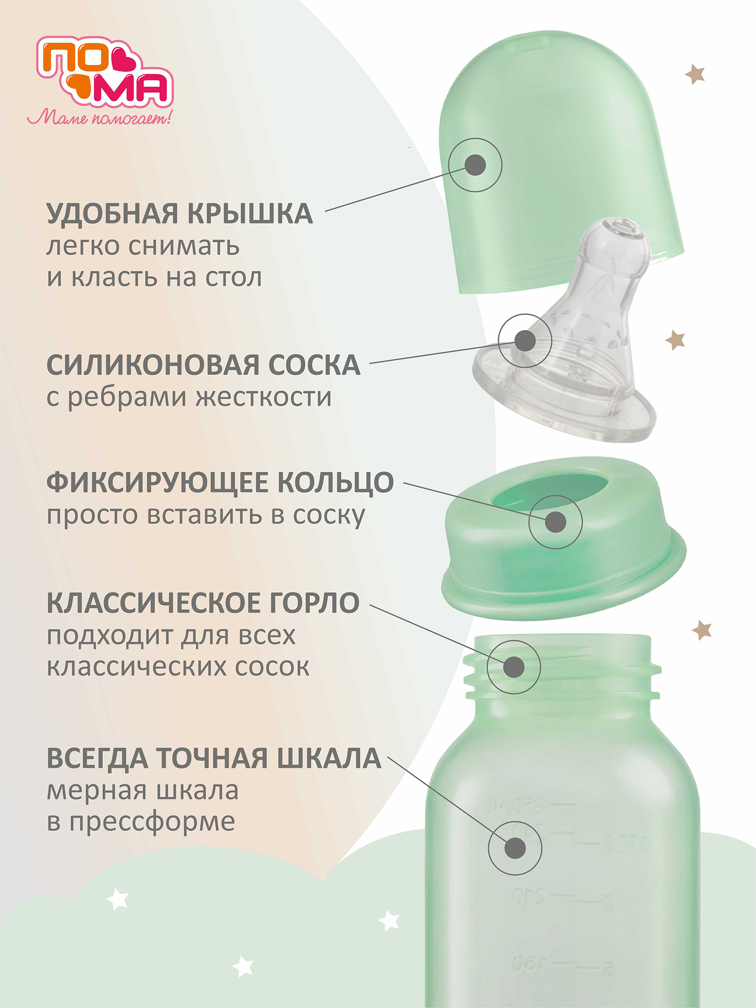 Бутылочка ПОМА 125 мл, 1 шт. (ПП, силикон, медленный поток) РФ 0+, 10510зеленый