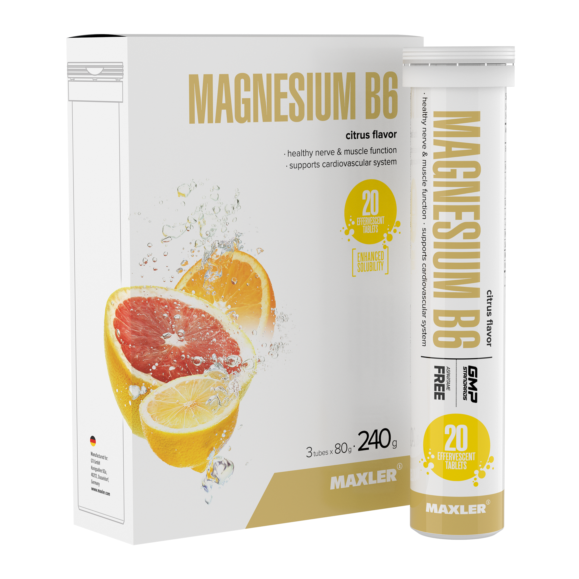 Витаминно-минеральный комплекс магний B6 Maxler, вкус цитрус, 3 тубы по 20 шипучих таблеток
