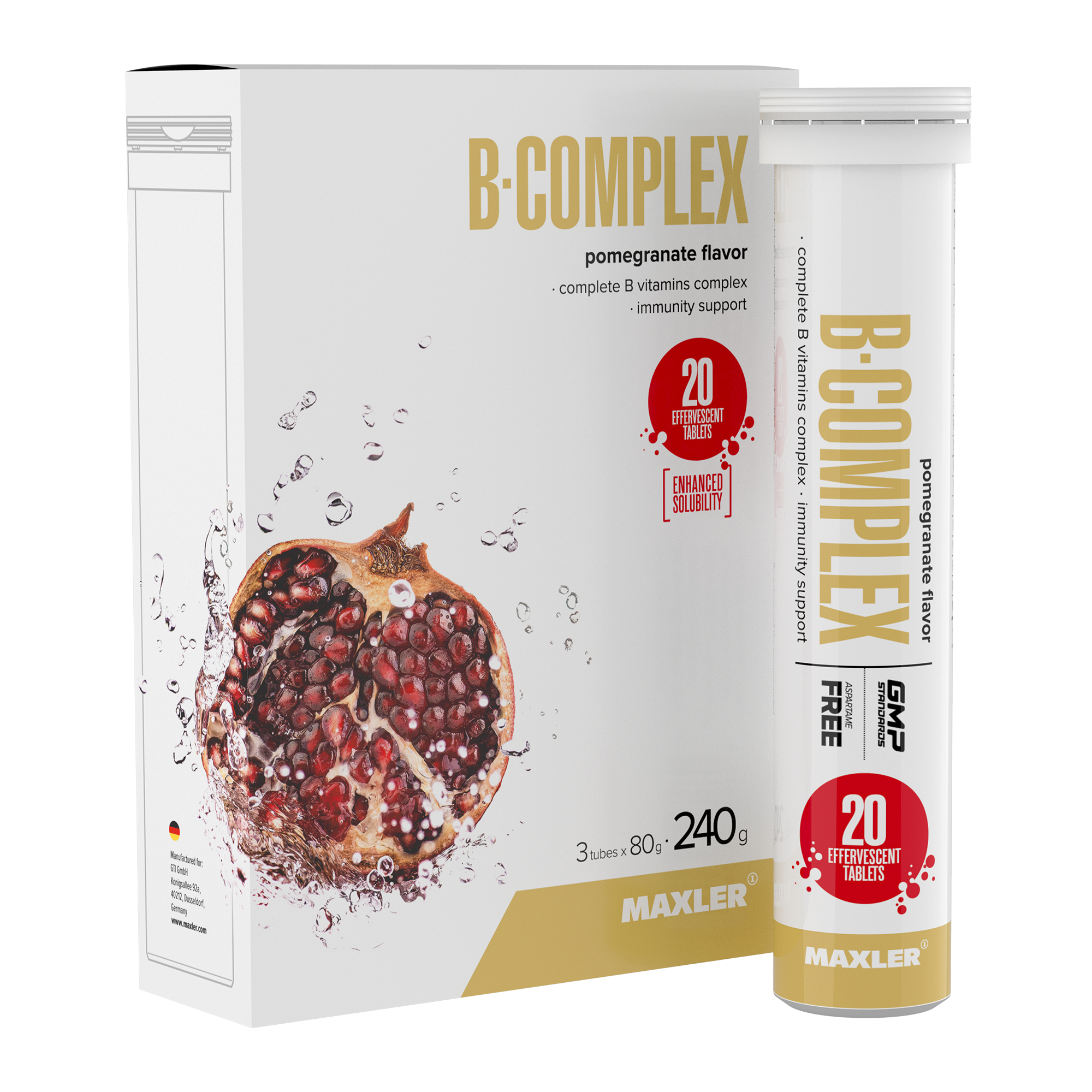 Комплекс витаминов и минералов Maxler B-Complex, вкус гранат, 3 тубы по 20 шипучих таблеток
