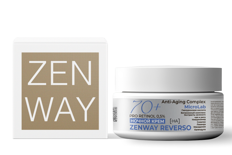Крем для лица ZENWAY увлажняющий 70+ c ретинолом и активными биоэкстрактами ночной, 50 мл.