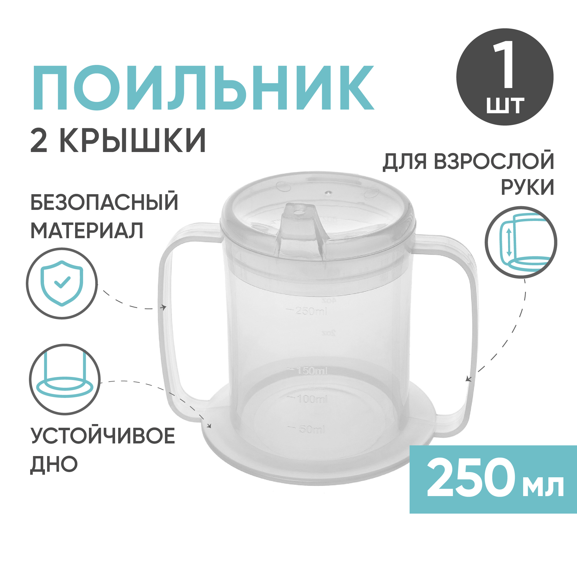 Стакан-поильник для взрослых BESIDE, с двумя крышками, 250мл, прозрачный