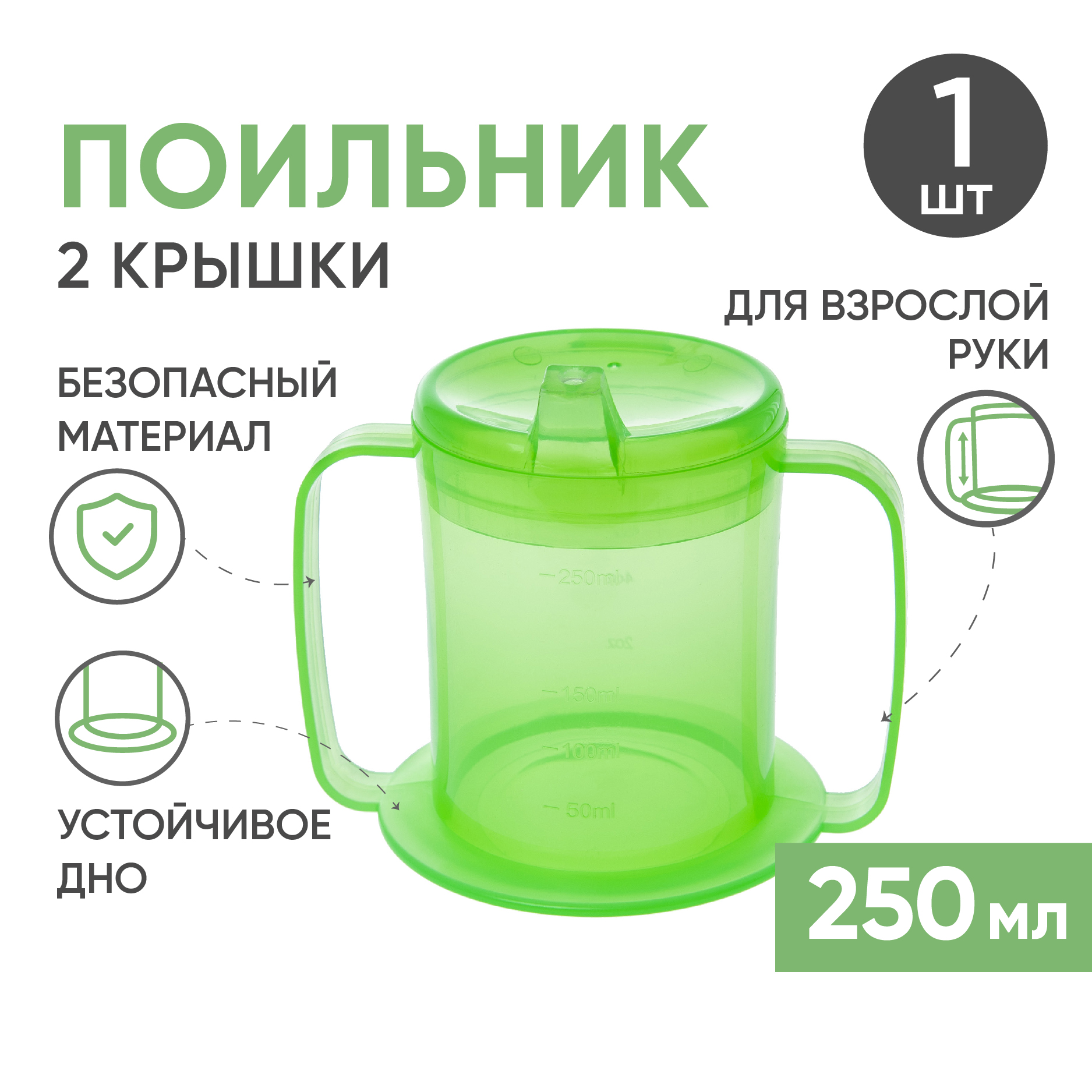 Стакан-поильник для взрослых BESIDE, с двумя крышками, 250мл, зеленый