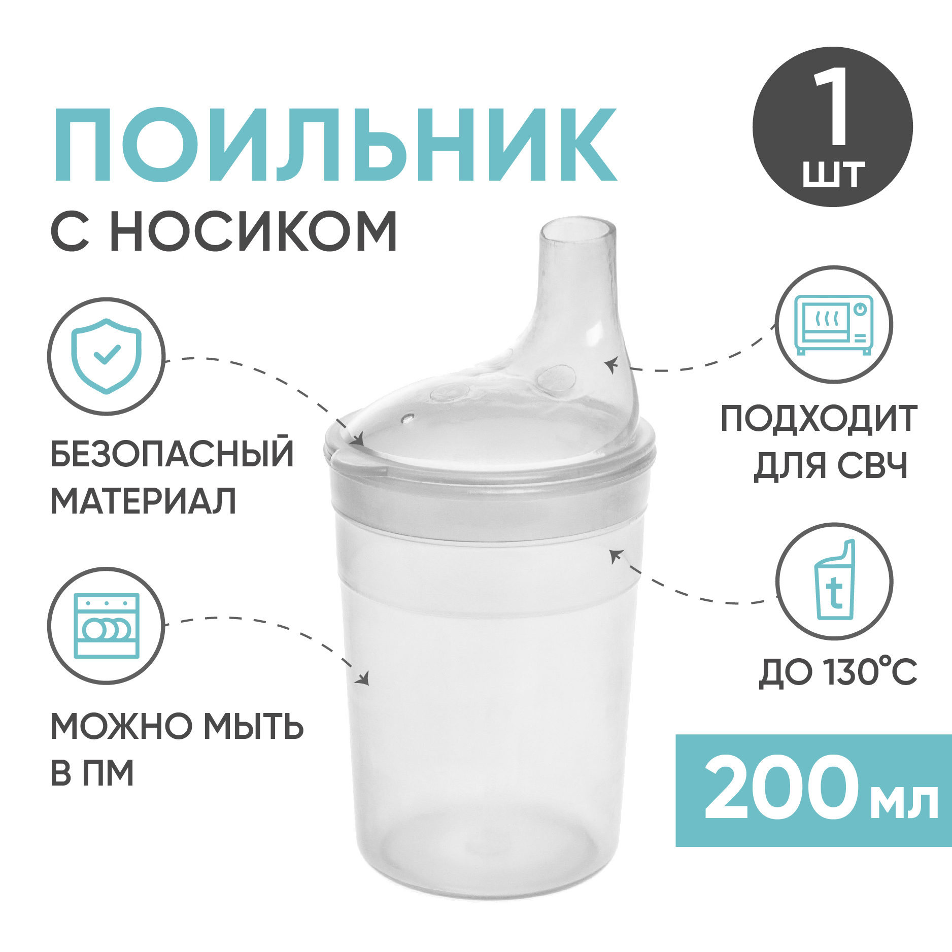Стакан-поильник для взрослых BESIDE, с крышкой-носиком, 200мл, прозрачный