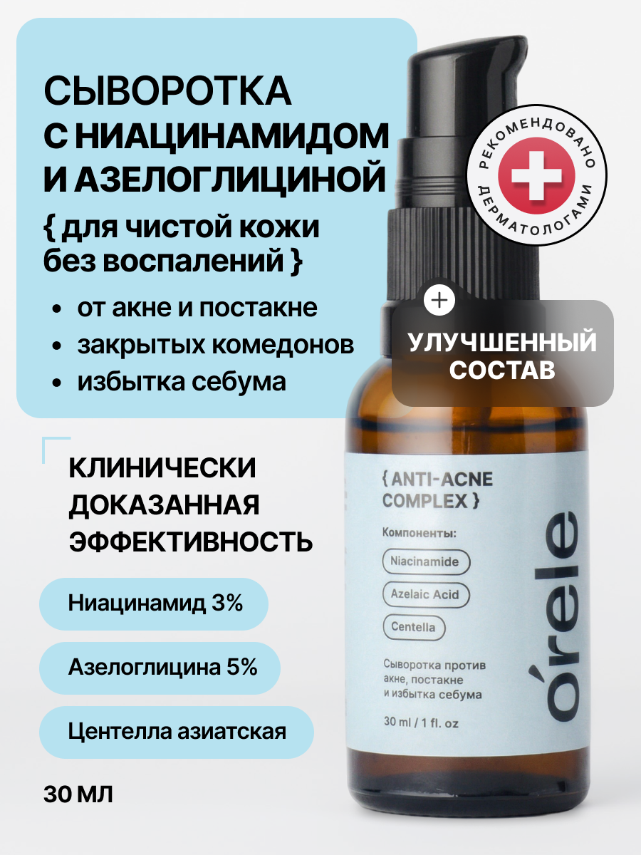Сыворотка для лица ORELE с ниацинамидом и цинком от прыщей и акне, 30мл
