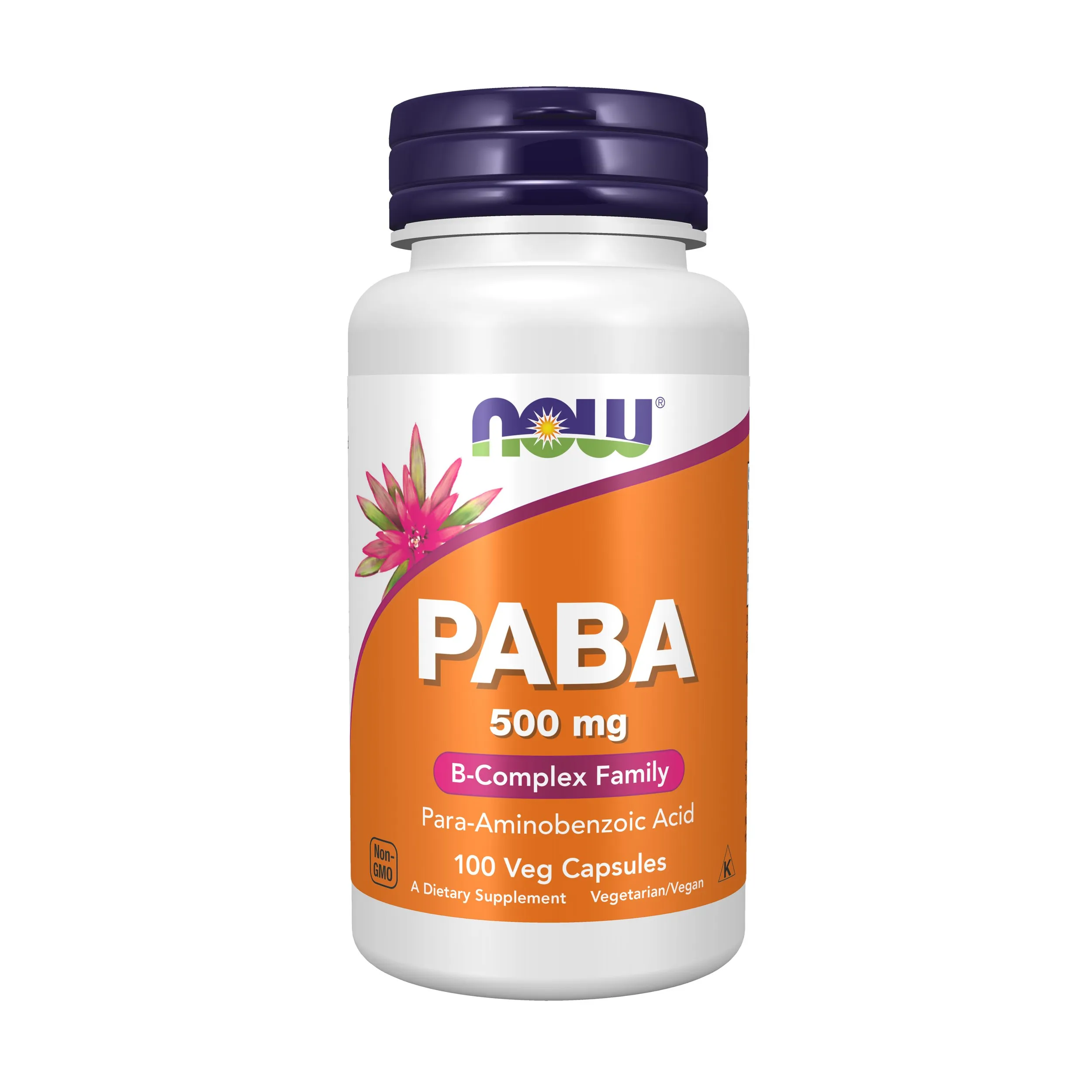 Пара-аминобензойная кислота (ПАБK),NOW Paba 500mg, 100 капсул, Витамины группы В для кожи и волос, для иммунитета