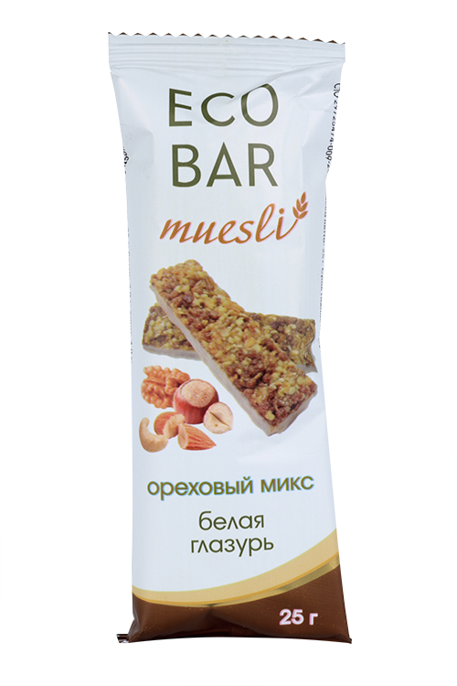 Батончик мюсли ЭкоБар ореховый микс в белой глазури, 25 г