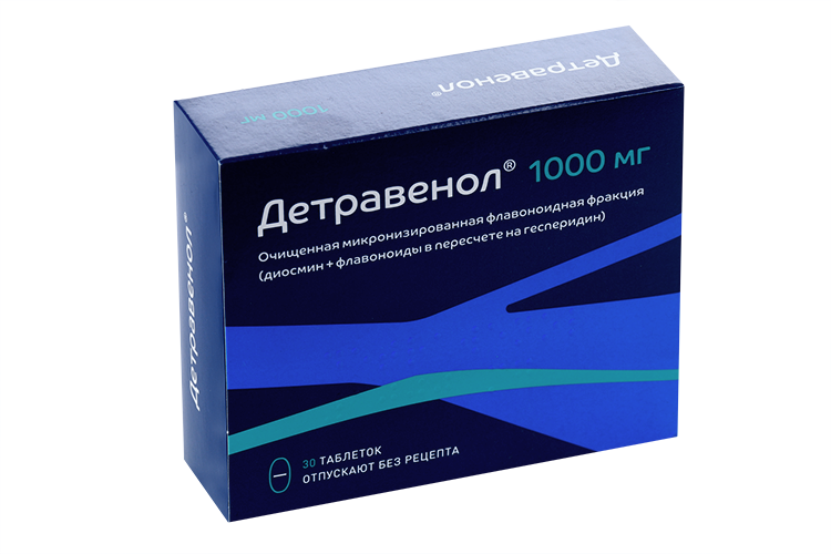 Детравенол 1000 мг, 30 шт, таблетки покрытые пленочной оболочкой ...