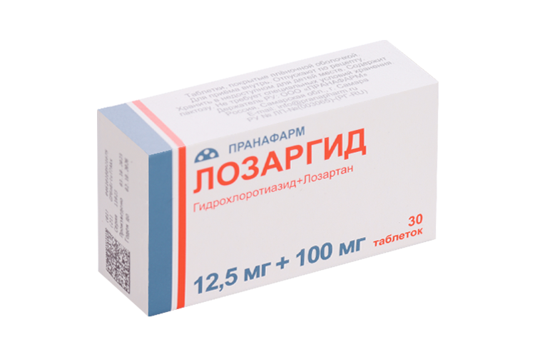 Лозартан+гидрохлортиазид Лозаргид 12.5 мг+100 мг, 30 шт, таблетки ...