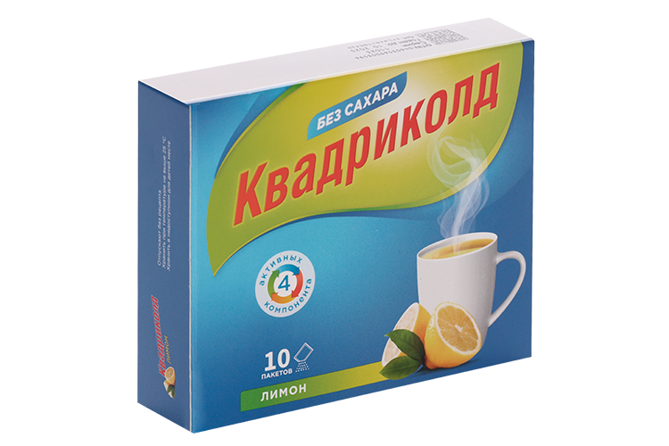Квадриколд 325 мг+10 мг+20 мг+50 мг, 5 г, 10 шт, порошок для приема внутрь с ароматом лимона