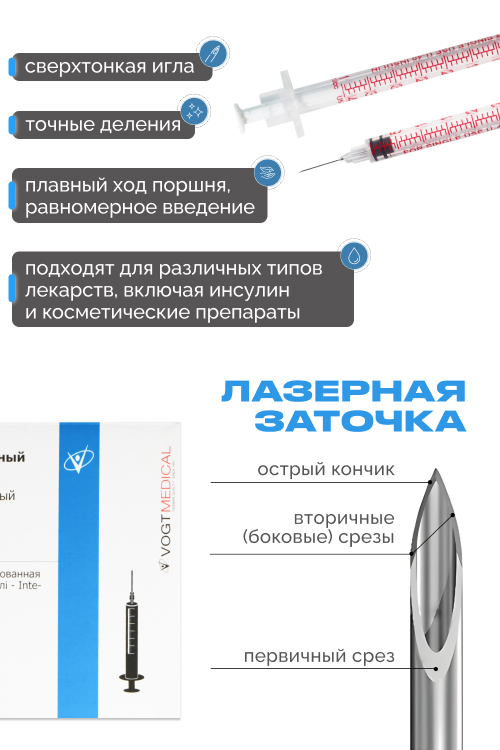 Инсулиновый шприц Vogt Medical однор.стер.1 мл., U-40, интегрированная игла, 29G (0,33х13 мм)