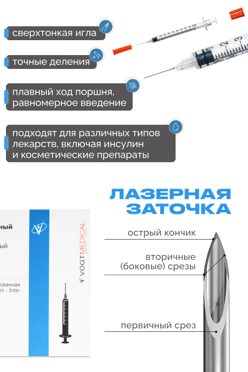 Инсулиновый шприц Vogt Medical однор. стер.1 мл, U-100, интегрированная игла 29G (0,33х13 мм)