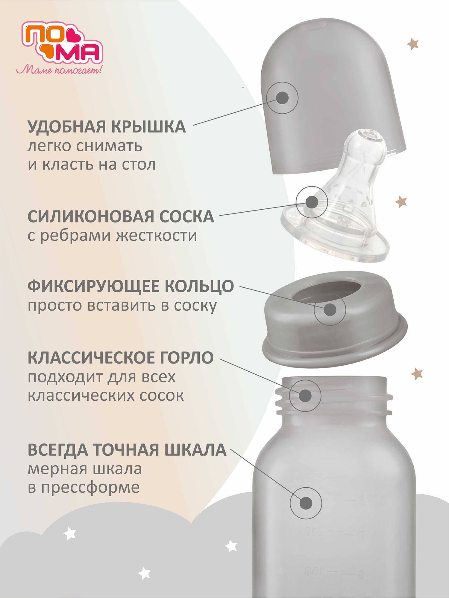 Бутылочка ПОМА 250 мл, 1 шт. (ПП, силикон, средний поток) РФ 6+, 10610серый
