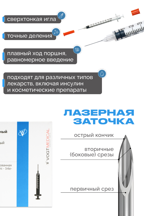Шприц инсулиновый Vogt Medical 1 мл U-100 с интегрированной иглой 30G (0,3x13 мм)