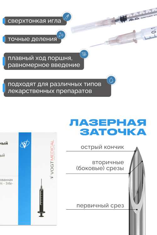 Туберкулиновый шприц Vogt Medical 1 мл.26 G (0,45*10 мм)однор.стер. индив. уп.