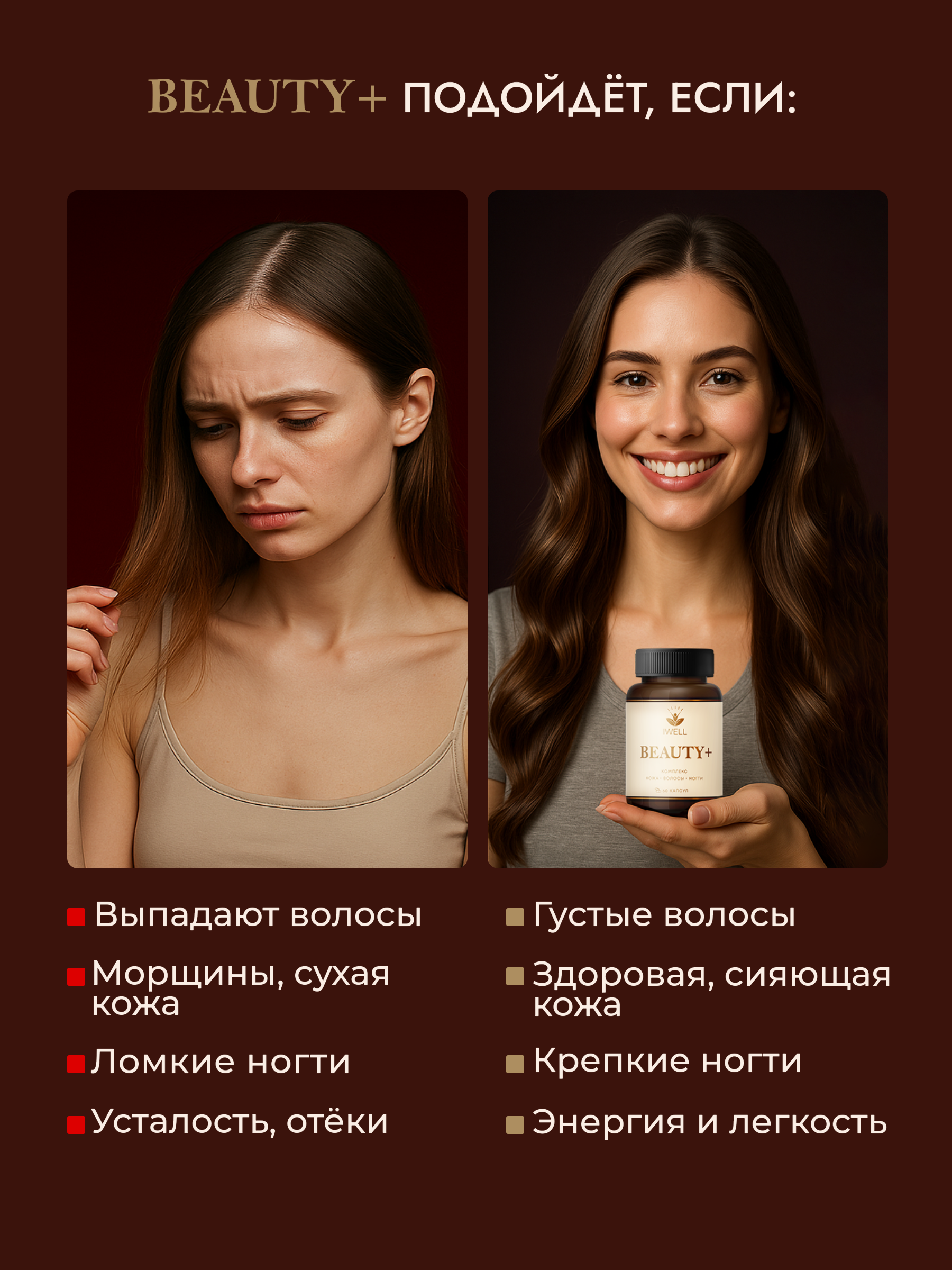 Витаминный комплекс IWell "Beauty+" для кожи, волос и ногтей, капсулы 720 мг, 60 шт